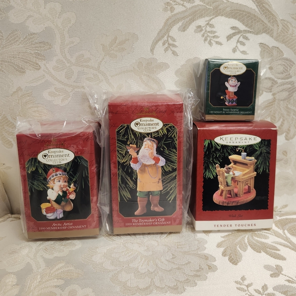 HALLMARK KEEPSAKE Lot OF 4 ORNAMENTS Toymakers Gift, Wish List, Snowy Surprise